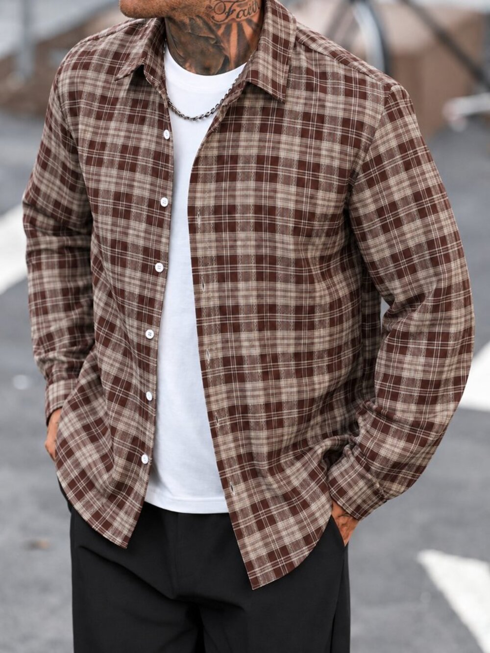 Brown Casual Men's Plaid Single-Breasted Long Sleeve Shirt - Picture 1 of 5